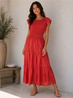 NWT Zesica Rust Short Sleeve Smocked Tiered Ruffle Dress Sz M (L)
